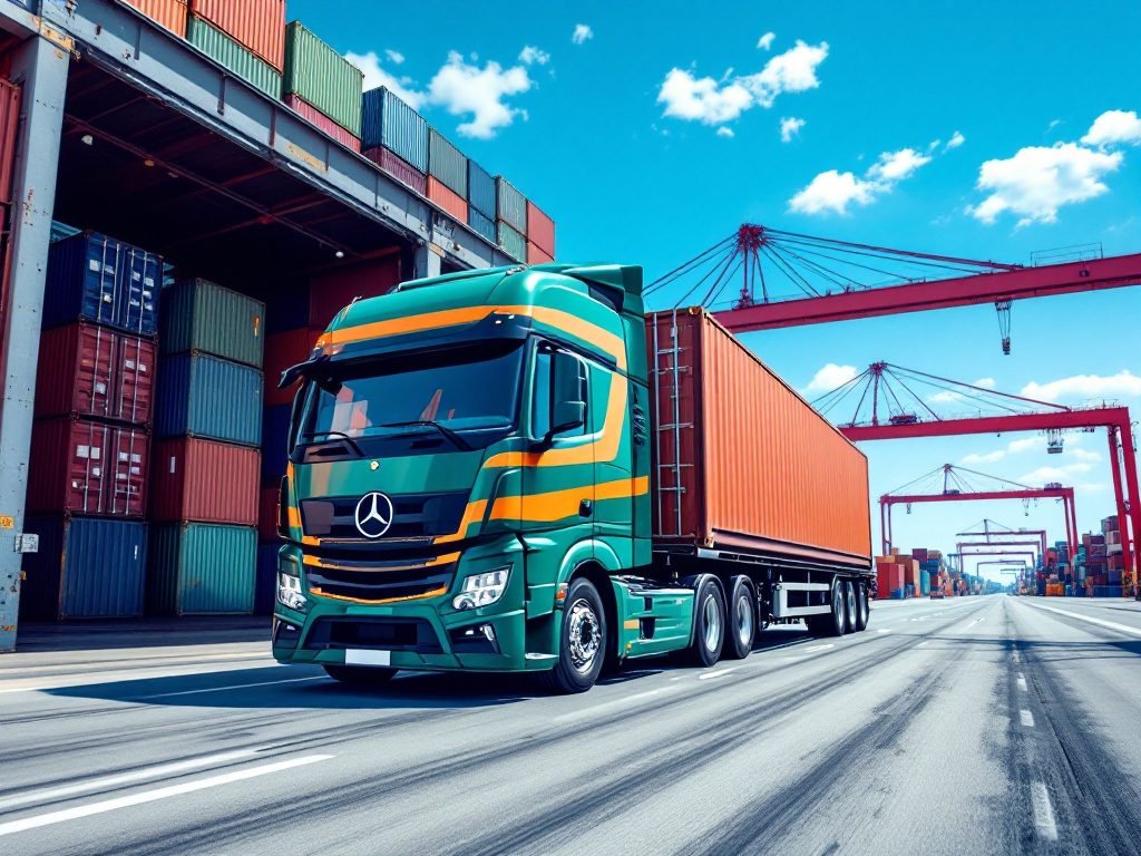 Caminhão porta-contêiner saindo de terminal portuário