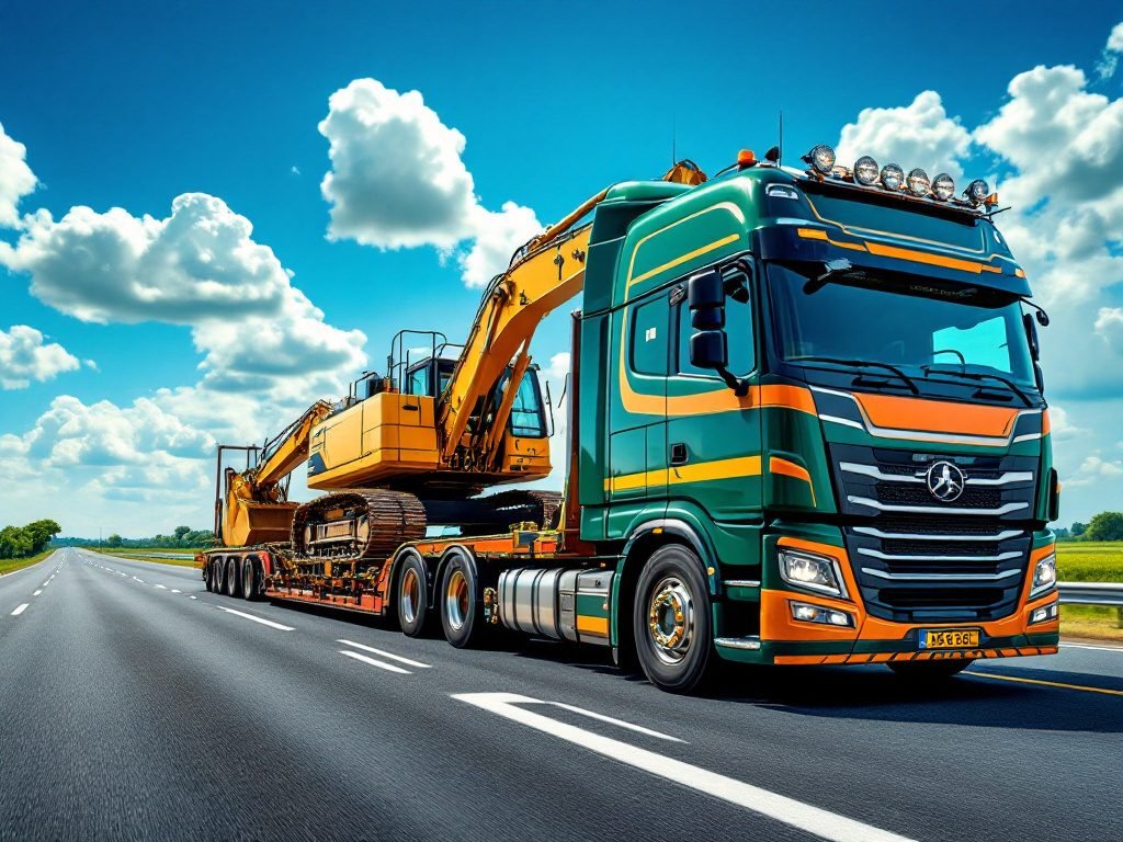 Carreta prancha transportando escavadeira em rodovia