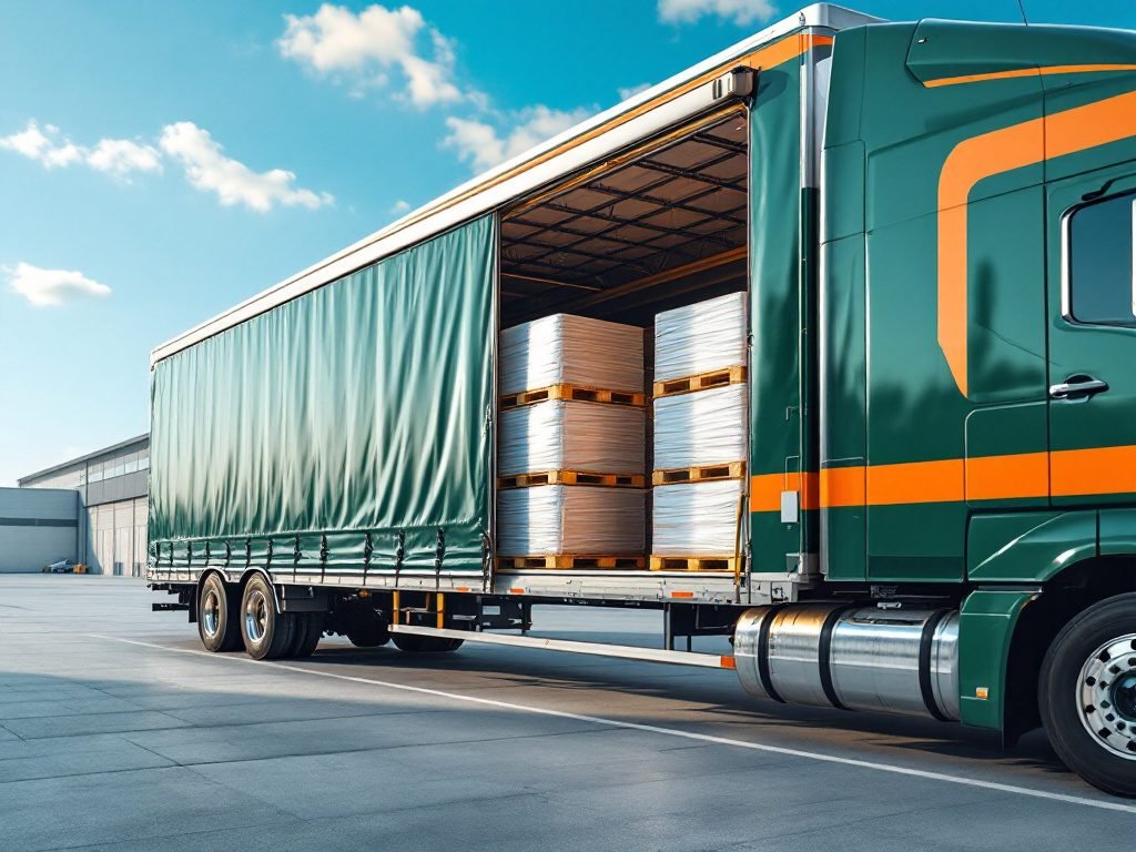 Carreta sider com lona aberta e pallets industriais